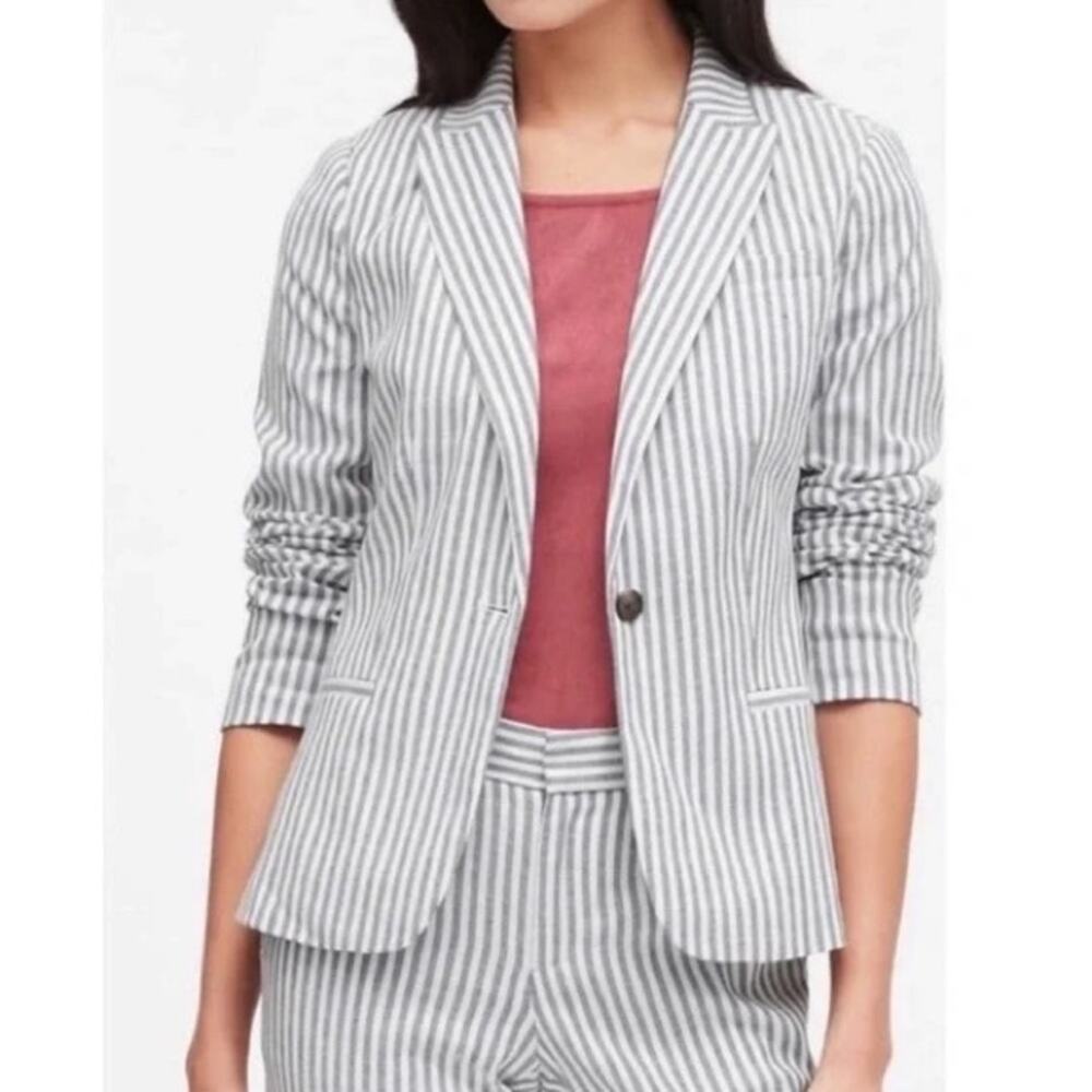 Banana Republic Striped Linen Blend Blazer Navy White Bi-Stretch NWT Size 4